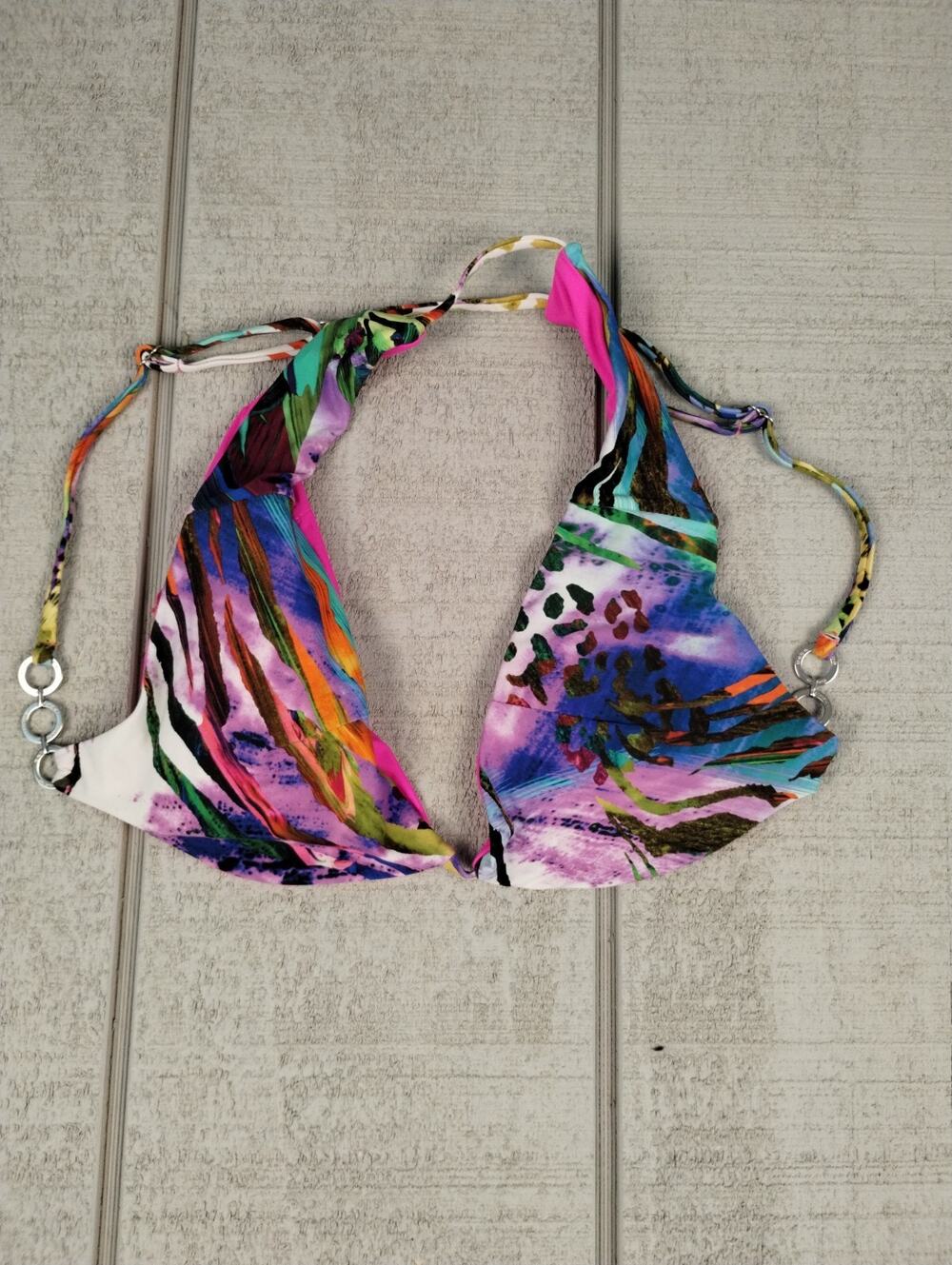 Bebe O-Ring Abstract Print Triangle Bikini Top Womens L Pink Beach Swim Resort